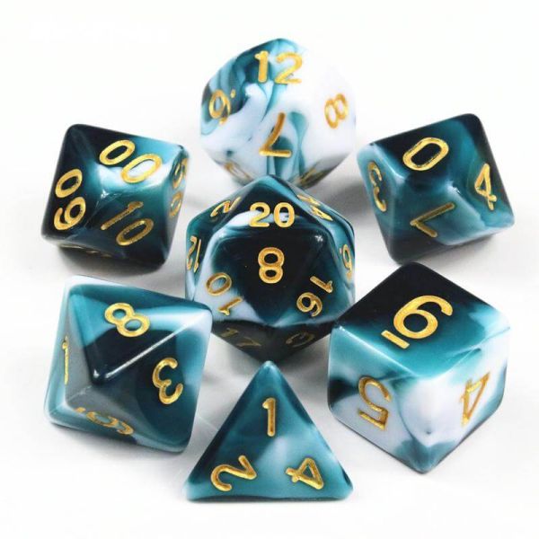 Acrylic Teal & White Marbled RPG Poly Dice Set of 7